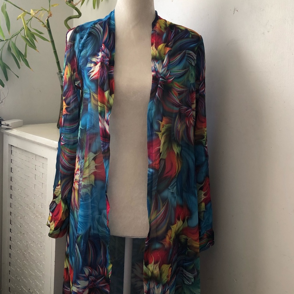 Floral abstract print long open sleeve coverup - Picture 3 of 10